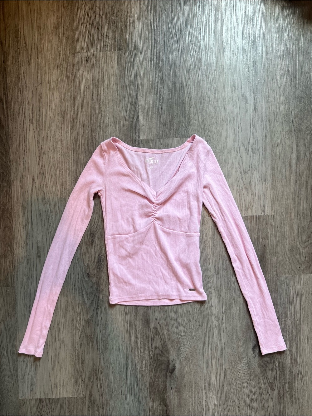 Hollister Light Pink Long Sleeve Ruched V-Neck Top